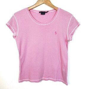 Ralph Lauren Sport Pink White Striped T Shirt ~Large~ Embroidered Pony Logo READ